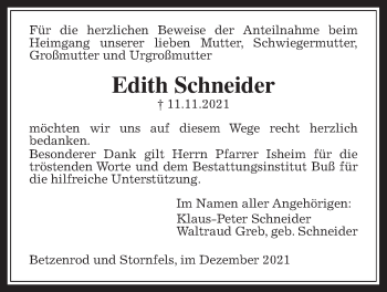 Traueranzeige von Edith Schneider von Kreis-Anzeiger