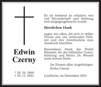 Traueranzeige von Edwin Czerny von Wetterauer Zeitung, Kreis-Anzeiger