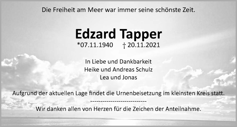  Traueranzeige für Edzard Tapper vom 04.12.2021 aus Giessener Allgemeine, Alsfelder Allgemeine