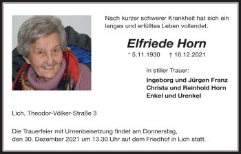 Traueranzeige von Elfriede Horn von Licher Wochenblatt