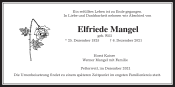 Traueranzeige von Elfriede Mangel von Wetterauer Zeitung