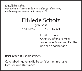 Traueranzeige von Elfriede Scholz von Giessener Allgemeine, Alsfelder Allgemeine, Giessener Anzeiger