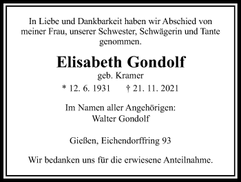 Traueranzeige von Elisabeth Gondolf von Giessener Anzeiger