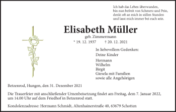 Traueranzeige von Elisabeth Müller von Kreis-Anzeiger