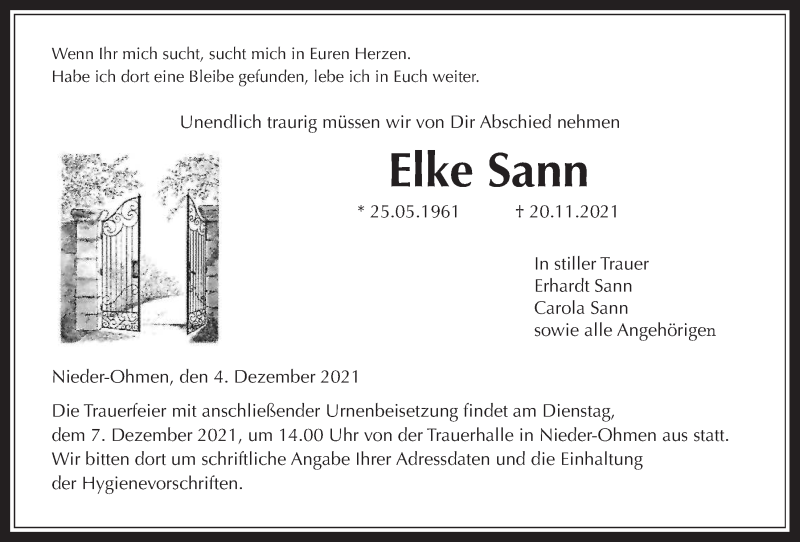  Traueranzeige für Elke Sann vom 04.12.2021 aus Giessener Allgemeine, Alsfelder Allgemeine