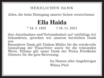 Traueranzeige von Ella Haida von Rabenauer Zeitung