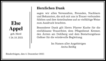 Traueranzeige von Else Appel von Kreis-Anzeiger