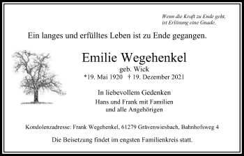 Traueranzeige von Emilie Wegehenkel von Usinger Anzeiger