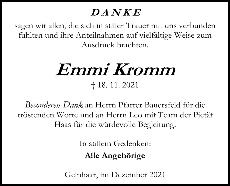  Traueranzeige für Emmi Kromm vom 31.12.2021 aus Kreis-Anzeiger
