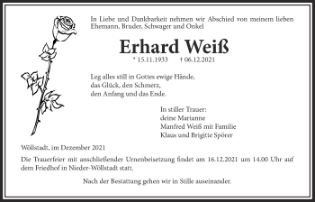 Traueranzeige von Erhard Weiß von Wetterauer Zeitung