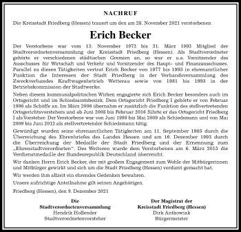 Traueranzeige von Erich Becker von Wetterauer Zeitung