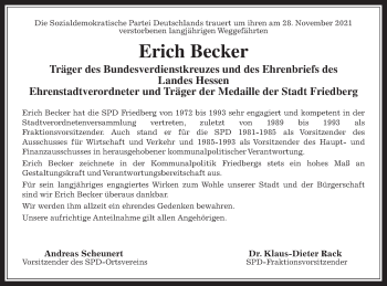 Traueranzeige von Erich Becker von Wetterauer Zeitung