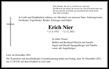 Traueranzeige von Erich Nier von Licher Wochenblatt