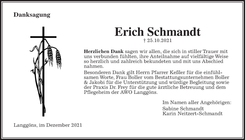  Traueranzeige für Erich Schmandt vom 04.12.2021 aus Giessener Allgemeine, Alsfelder Allgemeine