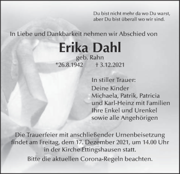 Traueranzeige von Erika Dahl von Licher Wochenblatt