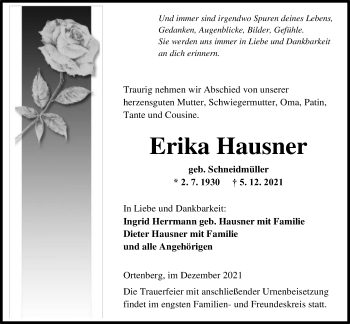 Traueranzeige von Erika Hausner von Kreis-Anzeiger