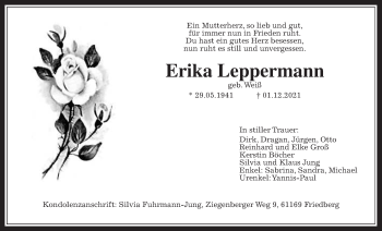 Traueranzeige von Erika Leppermann von Wetterauer Zeitung