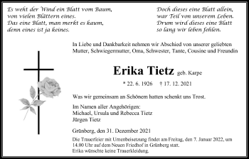 Traueranzeige von Erika Tietz von Giessener Allgemeine, Alsfelder Allgemeine