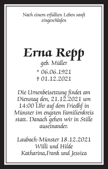 Traueranzeige von Erna Repp von Wetterauer Zeitung, Giessener Allgemeine, Alsfelder Allgemeine