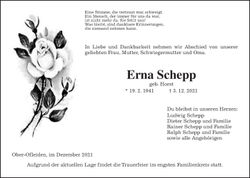 Traueranzeige von Erna Schepp von Alsfelder Allgemeine, Giessener Allgemeine