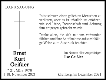 Traueranzeige von Ernst Kurt Geißler von Giessener Allgemeine, Alsfelder Allgemeine, Giessener Anzeiger