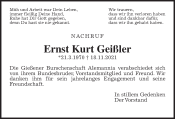 Traueranzeige von Ernst Kurt Geißler von Giessener Allgemeine, Alsfelder Allgemeine