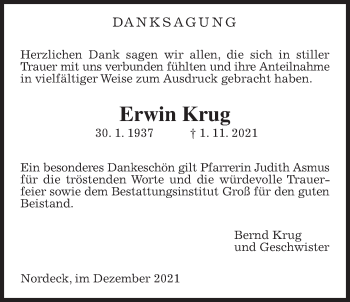 Traueranzeige von Erwin Krug von Allendorfer Mitteilungen