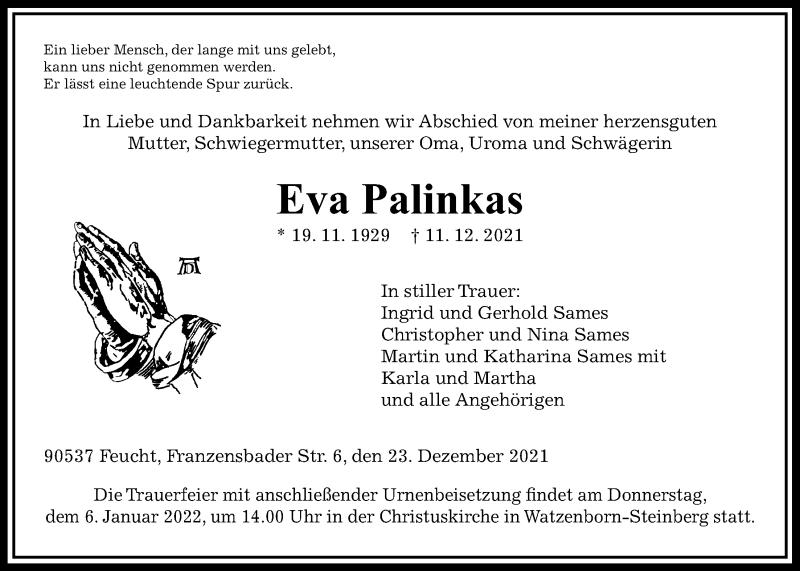  Traueranzeige für Eva Palinkas vom 23.12.2021 aus Pohlheimer Nachrichten
