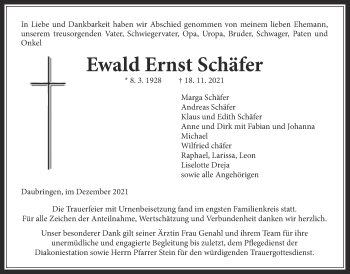 Traueranzeige von Ewald Ernst Schäfer von Giessener Allgemeine, Alsfelder Allgemeine, Giessener Anzeiger