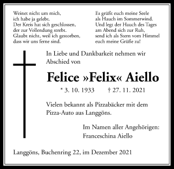 Traueranzeige von Felice Aiello von Giessener Allgemeine, Alsfelder Allgemeine