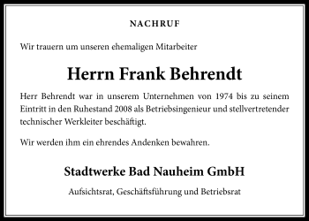 Traueranzeige von Frank Behrendt von Wetterauer Zeitung