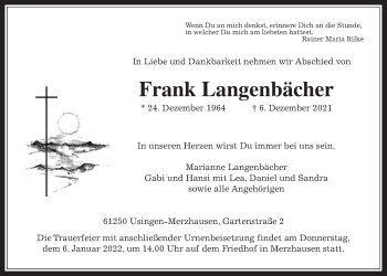 Traueranzeige von Frank Langenbächer von Usinger Anzeiger