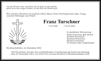 Traueranzeige von Franz Turschner von Giessener Allgemeine, Alsfelder Allgemeine, Giessener Anzeiger