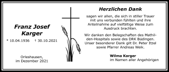 Traueranzeige von Franz Josef Karger von Kreis-Anzeiger