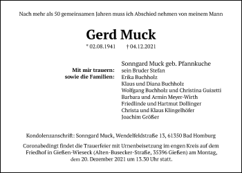 Traueranzeige von Gerd Muck von Giessener Anzeiger