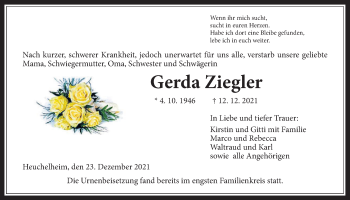 Traueranzeige von Gerda Ziegler von Giessener Anzeiger