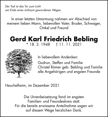 Traueranzeige von Gerd Karl Friedrich Bebling von Giessener Allgemeine, Alsfelder Allgemeine, Giessener Anzeiger