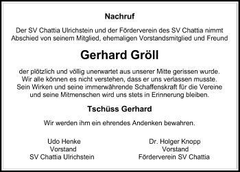 Traueranzeige von Gerhard Gröll von Alsfelder Allgemeine