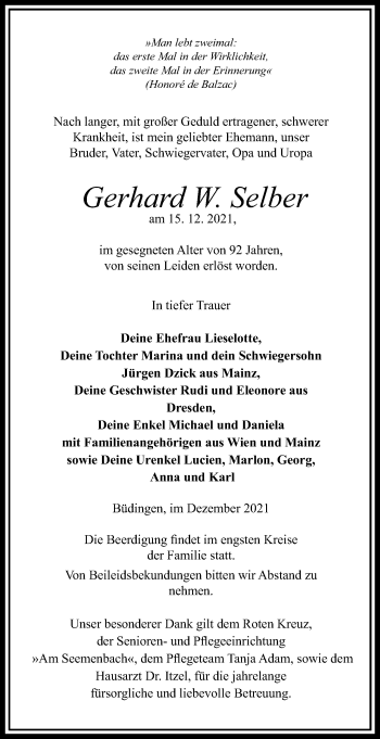 Traueranzeige von Gerhard W. Selber von Kreis-Anzeiger