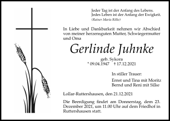 Traueranzeige von Gerlinde Juhnke von Giessener Allgemeine, Alsfelder Allgemeine, Giessener Anzeiger