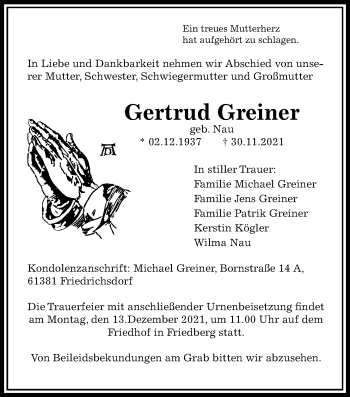 Traueranzeige von Gertrud Greiner von Wetterauer Zeitung