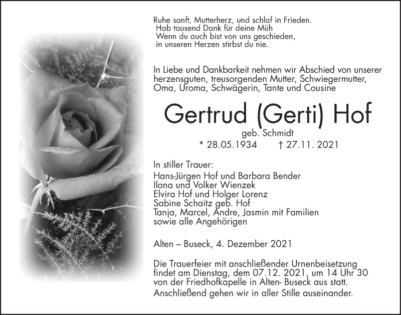  Traueranzeige für Gertrud Hof vom 04.12.2021 aus Giessener Allgemeine, Alsfelder Allgemeine, Giessener Anzeiger
