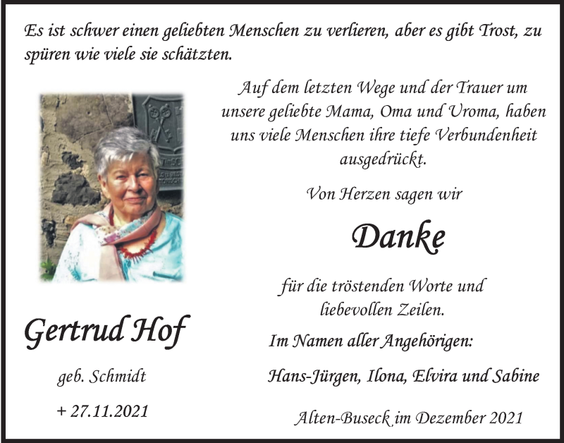  Traueranzeige für Gertrud Hof vom 18.12.2021 aus Giessener Allgemeine, Alsfelder Allgemeine, Giessener Anzeiger