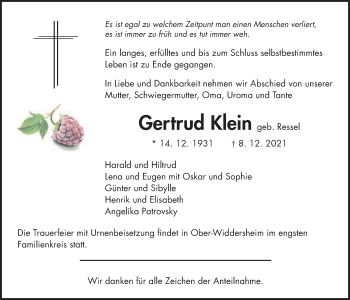 Traueranzeige von Gertrud Klein von Kreis-Anzeiger