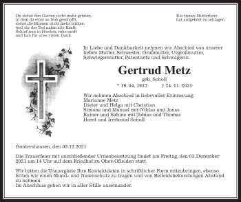 Traueranzeige von Gertrud Metz von Alsfelder Allgemeine