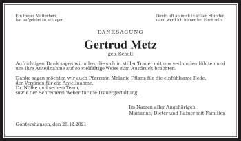 Traueranzeige von Gertrud Metz von Alsfelder Allgemeine