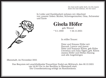 Traueranzeige von Gisela Höfer von Wetterauer Zeitung