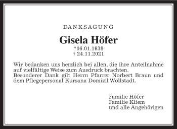 Traueranzeige von Gisela Höfer von Wetterauer Zeitung