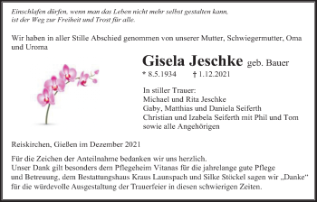 Traueranzeige von Gisela Jeschke von Giessener Allgemeine, Alsfelder Allgemeine
