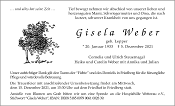Traueranzeige von Gisela Weber von Wetterauer Zeitung